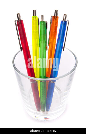 Multi-colored pens in a glass Stock Photo