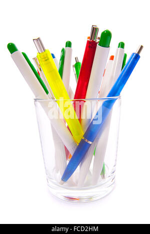 Multi-colored pens in a glass Stock Photo
