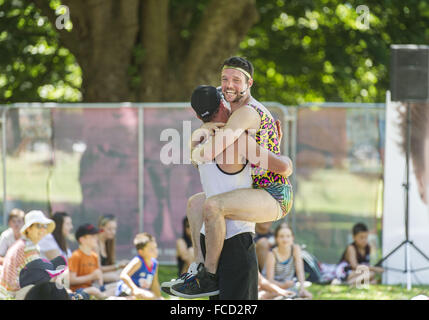 Christchurch, New Zealand. 22nd Jan, 2016. Famous Seamus, aka CORMAC MOHALLY, of the Lords of Strut performance duo from Ireland, hams it up with the audience at the 2016 World Buskers Festival. The 11-day event attracts some of the world's best street performers. © PJ Heller/ZUMA Wire/Alamy Live News Stock Photo