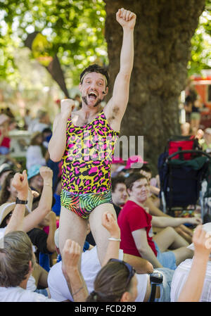 Christchurch, New Zealand. 22nd Jan, 2016. Famous Seamus, aka CORMAC MOHALLY, of the Lords of Strut performance duo from Ireland, hams it up with the audience at the 2016 World Buskers Festival. The 11-day event attracts some of the world's best street performers. © PJ Heller/ZUMA Wire/Alamy Live News Stock Photo