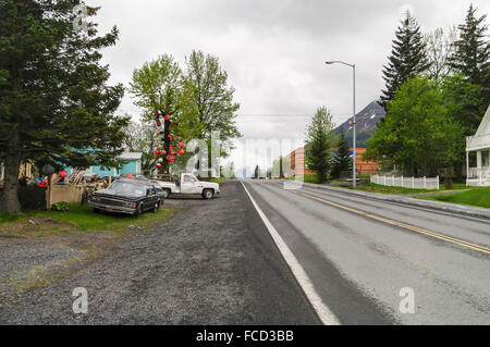 View along Fourth Avenue, the main street of downtown Seward, Alaska, USA. Stock Photo