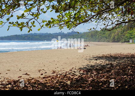 Cocles beach on the Caribbean coast of Costa Rica, with tourists and horses, Puerto Viejo de Talamanca Stock Photo