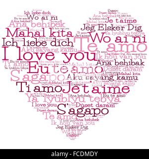 Love heart made from "I love you" in 15 different languages Stock Vector