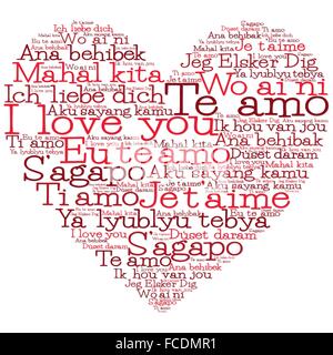 Love heart made from "I love you" in 15 different languages Stock Vector