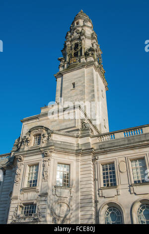 Edwardian Clock Tower Cardiff City Hall also known as the Civic Buildings in Cathays Park, Cardiff Wales, opened in 1904 Stock Photo
