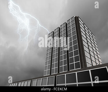 Bottom image of skyscraper with thunder lightning in sky Stock Photo