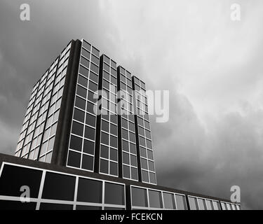 Bottom image of skyscraper with thunder lightning in sky Stock Photo