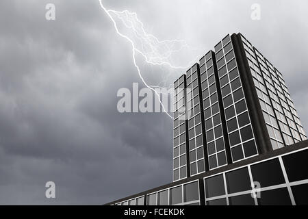 Bottom image of skyscraper with thunder lightning in sky Stock Photo