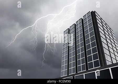 Bottom image of skyscraper with thunder lightning in sky Stock Photo