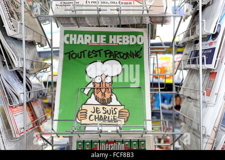 Rennes (Brittany, north-western France): Release of the French satirical magazine Charlie Hebdo N°1178 (2015/01/14) Stock Photo