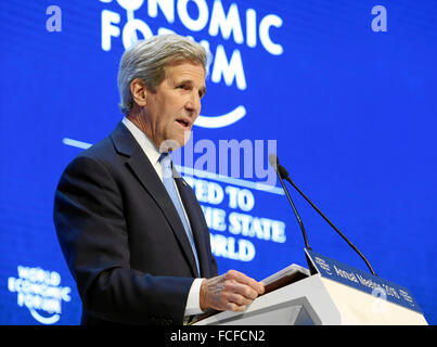 Davos, Switzerland. 22nd Jan, 2016. U.S. Secretary of State John Kerry delivers a speech at the Annual Meeting 2016 of the World Economic Forum (WEF) in Davos, Switzerland, on Jan. 22, 2016. Kerry disclosed on Friday that the United States would push more admittance of refugees. Credit:  WORLD ECONOMIC FORUM/Monika Flueckiger/Xinhua/Alamy Live News Stock Photo