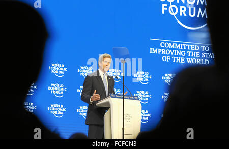 Davos, Switzerland. 22nd Jan, 2016. U.S. Secretary of State John Kerry delivers a speech at the Annual Meeting 2016 of the World Economic Forum (WEF) in Davos, Switzerland, on Jan. 22, 2016. Kerry disclosed on Friday that the United States would push more admittance of refugees. Credit:  WORLD ECONOMIC FORUM/Monika Flueckiger/Xinhua/Alamy Live News Stock Photo