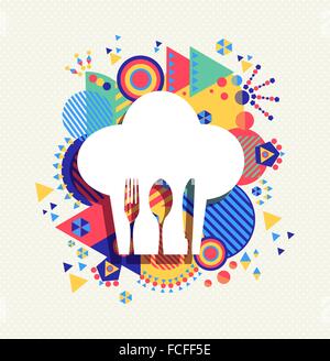 Chef hat, gourmet menu icon concept design with knife fork and spoon on colorful geometry illustration background. EPS10 vector. Stock Vector