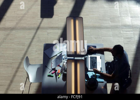 Student working at table in TEA arts centre library in Santa Cruz de Tenerife, Spain Stock Photo