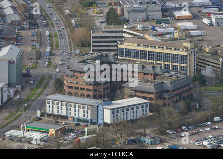 A low-angled aerial view of industrial units and offices in Borehamwood, Herts Stock Photo