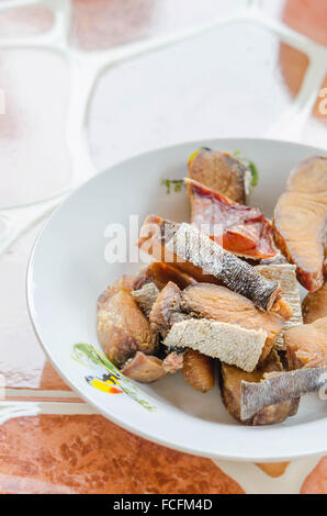 Crispy fish  pieces, close up seafood dish Stock Photo