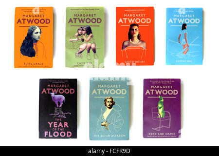 Margaret Atwood's book covers photographed against a white background. Stock Photo