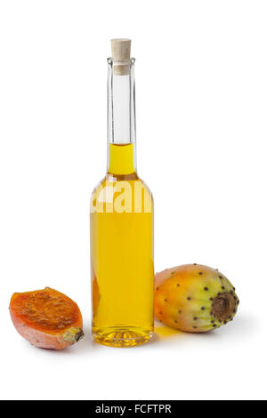 Bottle of prickly pear seed oil and prickly pears on white background Stock Photo