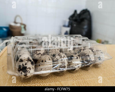 Two dozen quail eggs in plastic casing for sale at Romanian market, europe. Stock Photo