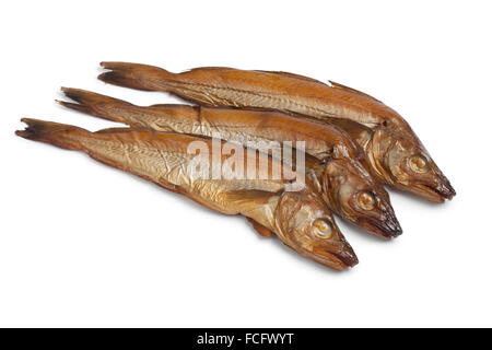 Fresh smoked whiting fish on white background Stock Photo