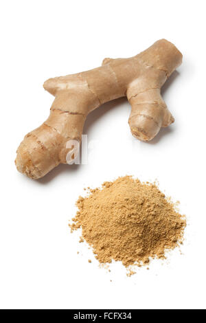 Fresh ginger rhizome and a heap of ground ginger on white background Stock Photo