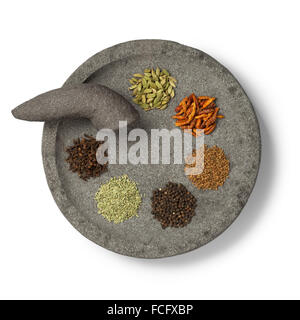 Traditional mortar and pestle with different dried herbs on white background Stock Photo