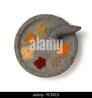 Traditional mortar and pestle with different ground herbs on white background Stock Photo