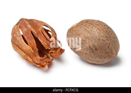 Single nutmeg kernel and mace on white background Stock Photo