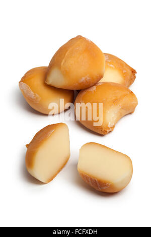 Smoked italian baby mozzarella on white background Stock Photo