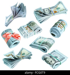 Collection of bundles of US dollars isolated over the white background Stock Photo