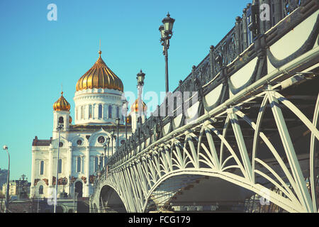 Cathedral of Christ the Saviour in Moscow, Russia. Retro style filtred image. Stock Photo