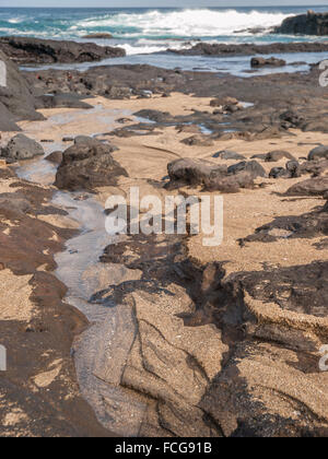 Sandy beach in Galapagos Islands, Ecuador with layers of black lava rock. Stock Photo