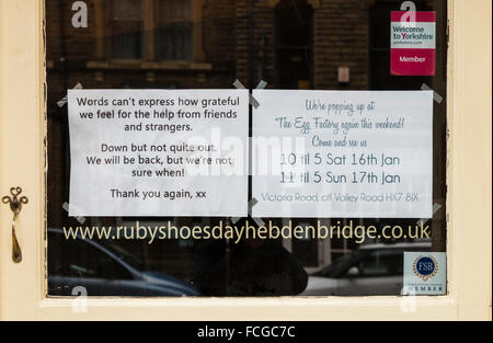 Thank you messages from some of the shop owners affected by the 'Boxing Day' floods in Hebden Bridge Stock Photo