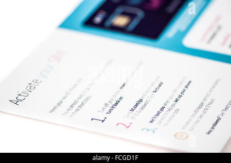 Instructions for activating a BT Mobile SIM card.  BT has recently bought EE and are in the process of merging its MVNO with EE. Stock Photo