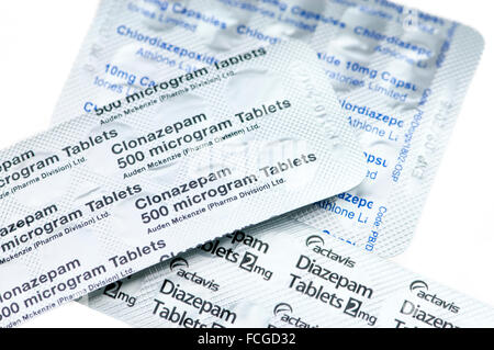 Diazepam, Clonazepam and Chlordiazepoxide tablets, used to treat mental illnesses such as anxiety and alcohol withdrawal Stock Photo