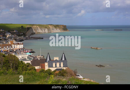 World War II Mulberry harbour remains at Arromanches-les-Bains, Normandy, France. Stock Photo