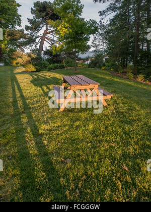 Picnic table at sunset with long shadows on green grass in a park with trees in downtown Oakville, Ontario, Canada by Lake Ontar Stock Photo