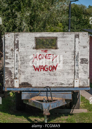Wooden peeling white painted wagon with the words THE HONEY WAGON written in red on Toronto Island, Ontario, Canada. Stock Photo