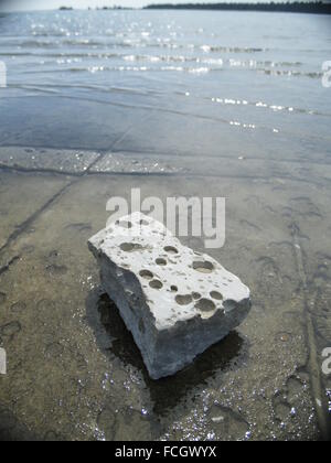 Large white rock that resembles swiss cheese on the shore of a lake on Manitoulin Island in Ontario, Canada. Stock Photo