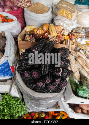 Black corn and other maize at Cusco market in Peru, South America. Stock Photo