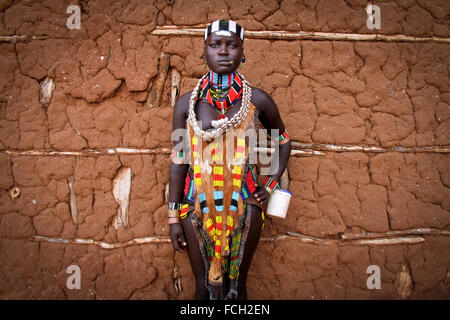 Hamer girl with traditional outfit, Turmi, Omo valley , Ethiopia, Africa Stock Photo