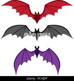 Set of bat with big wings in color in flat style, vector Stock Vector