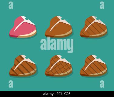 Fresh and Grilled T-bone steak in flat style, vector Stock Vector