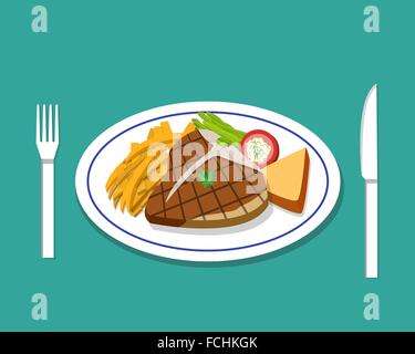 T-bone steak and french fries on dish, vector Stock Vector