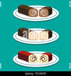 Set of Swiss roll on dish in flat style, vector Stock Vector