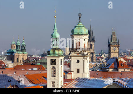 Towers and rooftops of Old Town, Prague Clementinum towers Czech Republic Stock Photo