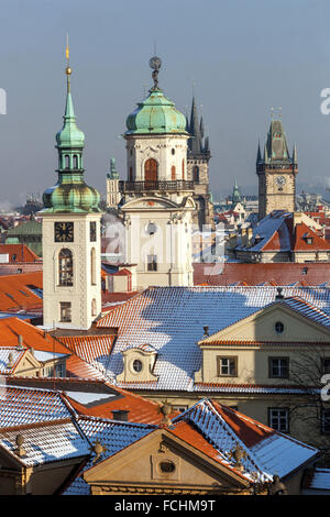 Towers and rooftops of Old Town, Clementinum,  Prague winter Czech Republic Stock Photo