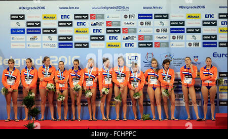 Belgrade, Serbia. 22nd Jan, 2016. Players of the Netherlands pose on the podium after the women's final match against the Hungary at the European Water Polo Championships in Belgrade, Serbia, on Jan. 22, 2016. Hungary won 9-7. © Predrag Milosavljevic/Xinhua/Alamy Live News Stock Photo