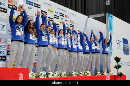 Belgrade, Serbia. 22nd Jan, 2016. Players of Italy pose on the podium after the women's bronze medal match against Spain at the European Water Polo Championships in Belgrade, Serbia, on Jan. 22, 2016. Italy won 10-9. © Predrag Milosavljevic/Xinhua/Alamy Live News Stock Photo