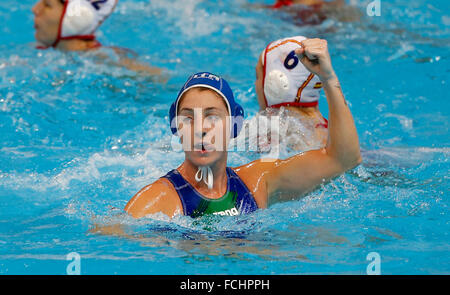 Belgrade, Serbia. 22nd Jan, 2016. Italy's Roberta Banconi celebrates after scoring during the women's bronze medal match against Spain at the European Water Polo Championships in Belgrade, Serbia, on Jan. 22, 2016. Italy won 10-9. © Predrag Milosavljevic/Xinhua/Alamy Live News Stock Photo